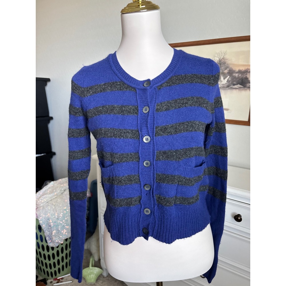 Wallace Striped Cardigan Sweater Blue Grey Cashmere Lambswool Blend Small